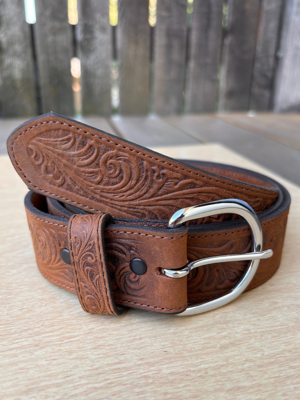 Justin Men’s Western Scroll Tooled Leather Belt in Tan/Bark Sz 44